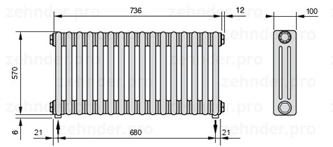 Схема (чертеж) Радиатор Zehnder Charleston 3057/16 №5310 Technoline TL